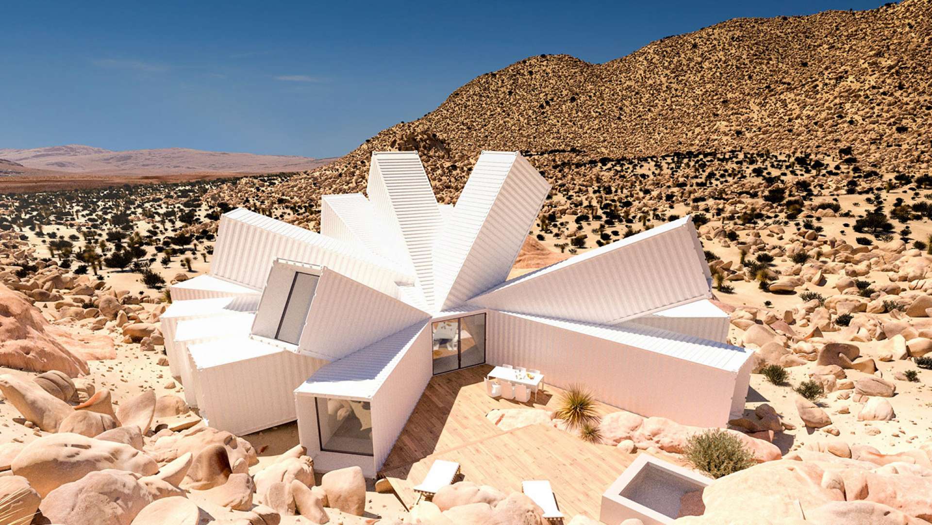 Splayed shipping containers form Joshua Tree Residence conceived by James Whitaker
